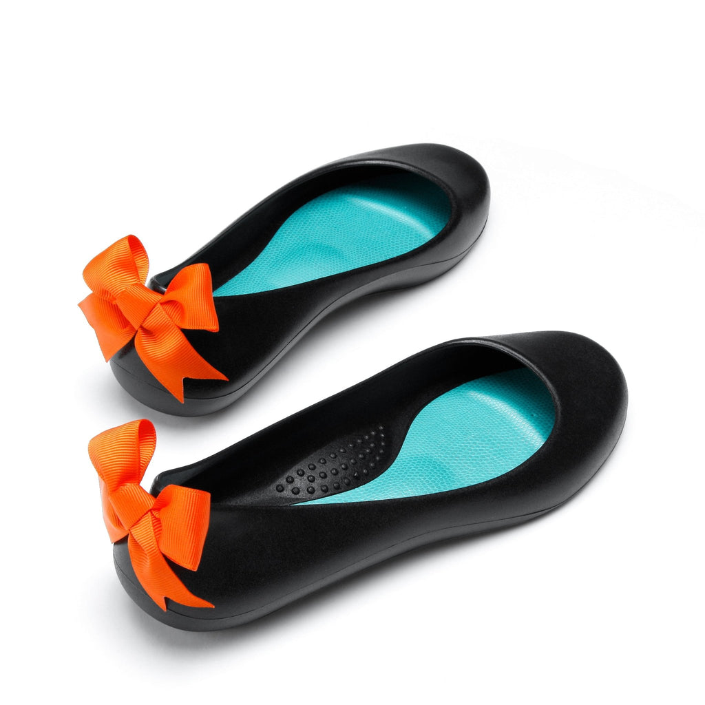 Bow Ballet Flats, Matte Licorice Shoe - Orange Bow - Oka-B