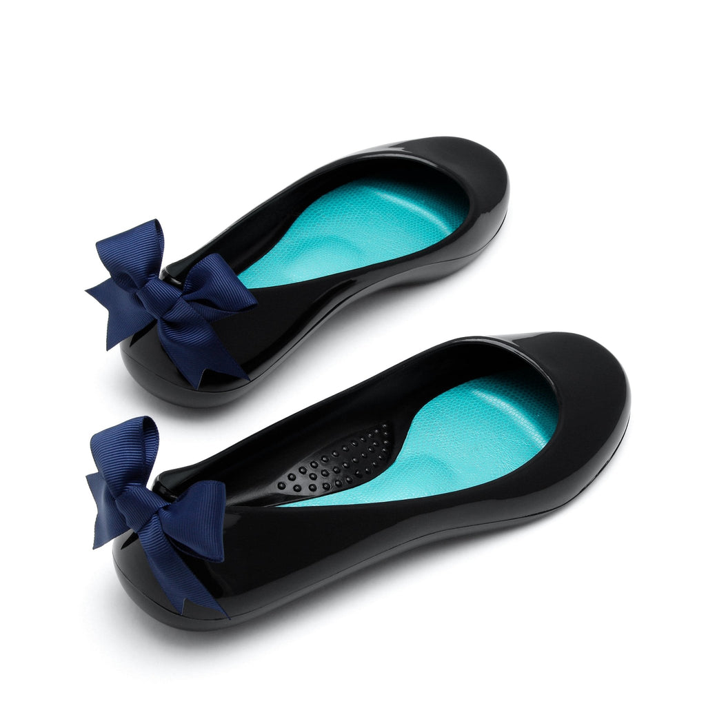 Bow Ballet Flats, Shiny Licorice Shoe - Navy Bow - Oka-B