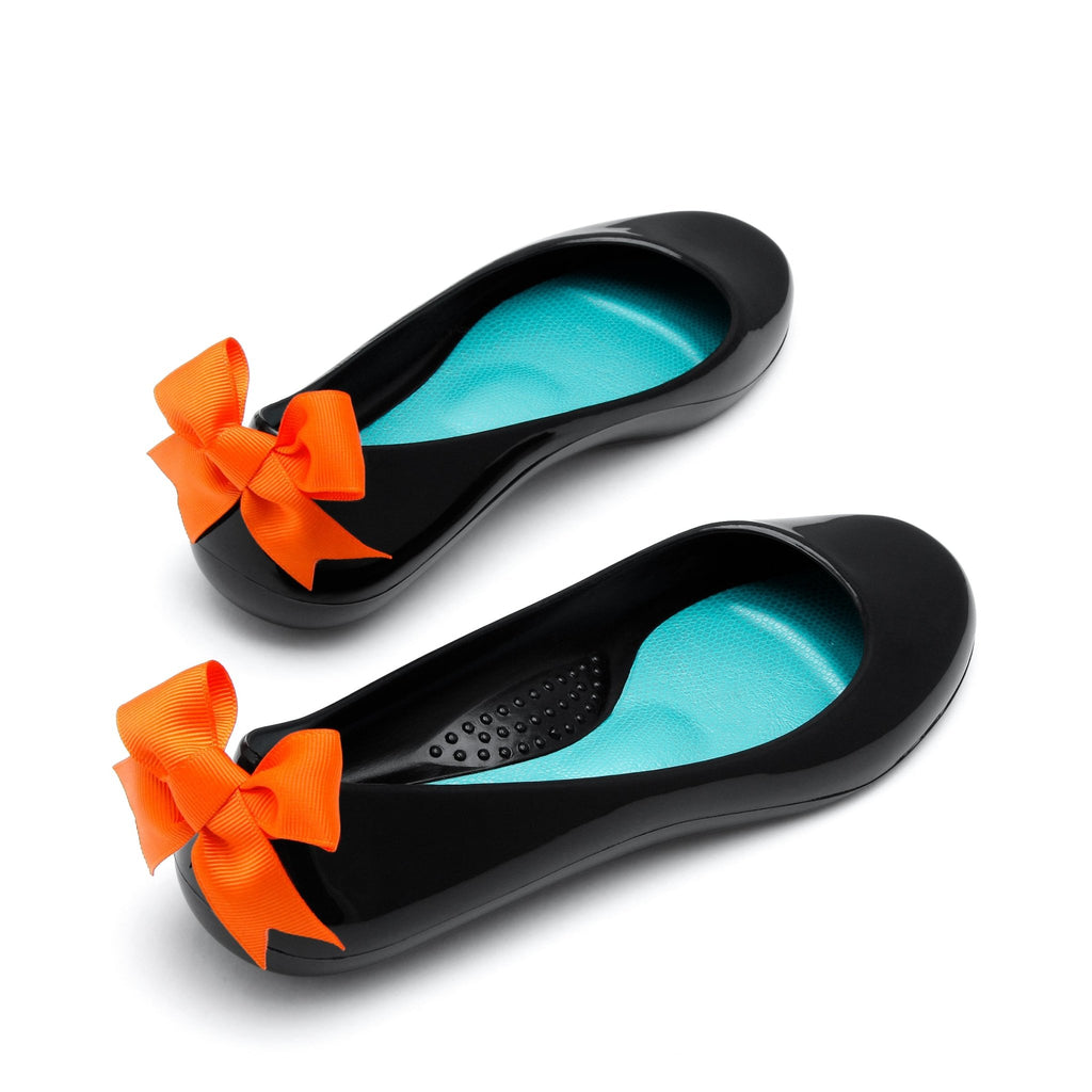 Bow Ballet Flats, Shiny Licorice Shoe - Orange Bow - Oka-B