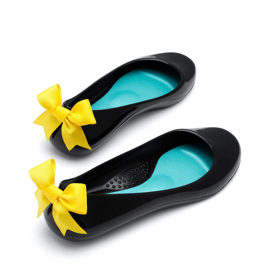 Bow Ballet Flats, Shiny Licorice Shoe - Yellow Bow - Oka-B