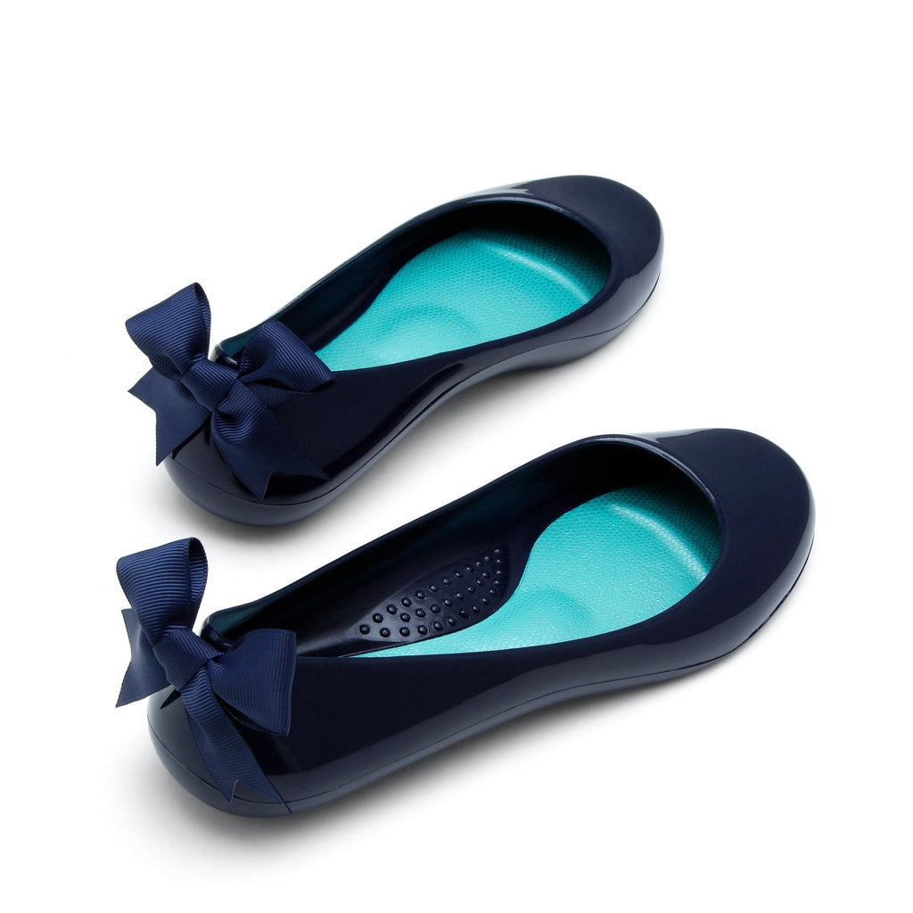 Bow Ballet Flats, Shiny Sapphire Shoe - Navy Bow - Oka-B