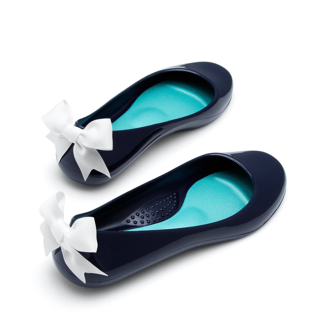 Bow Ballet Flats, Shiny Sapphire Shoe - White Bow - Oka-B