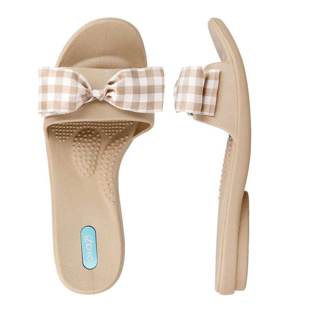 Madison Slide Sandals with Gingham Bows - Chai - Oka-B