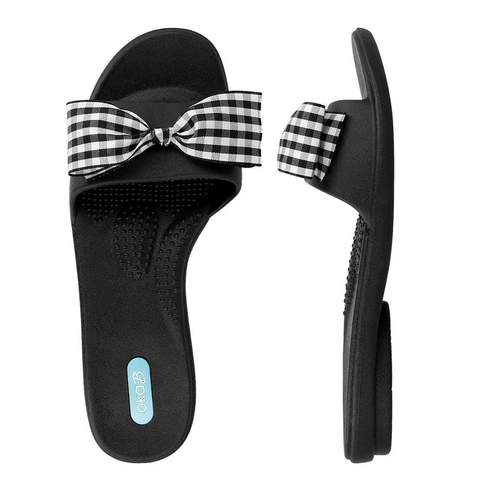 Madison Slide Sandals with Gingham Bows - Licorice - Oka-B