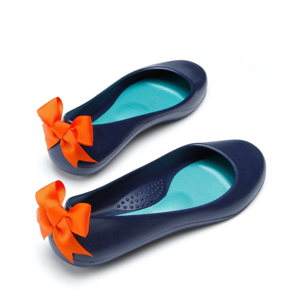 Bow Ballet Flats, Matte Sapphire Shoe - Orange Bow - Oka-B
