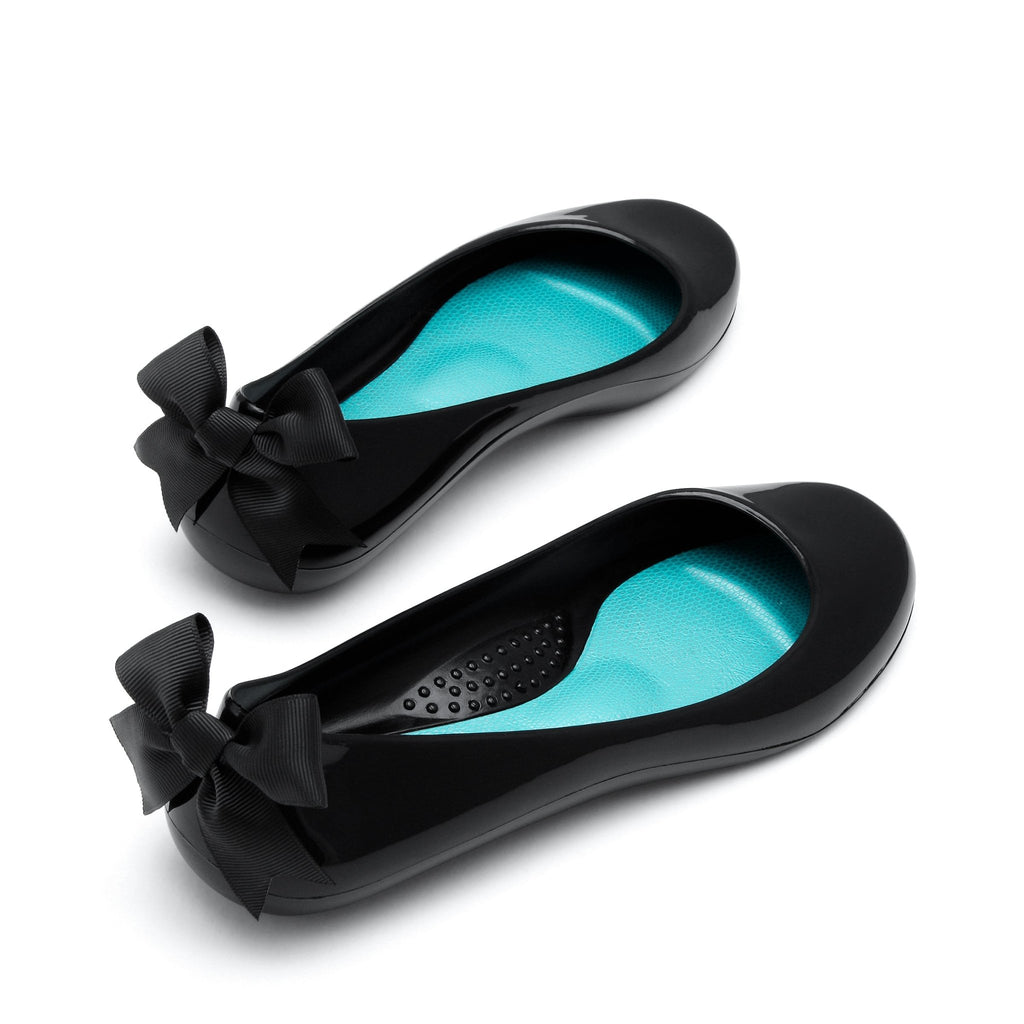 Bow Ballet Flats, Shiny Licorice Shoe - Black Bow - Oka-B