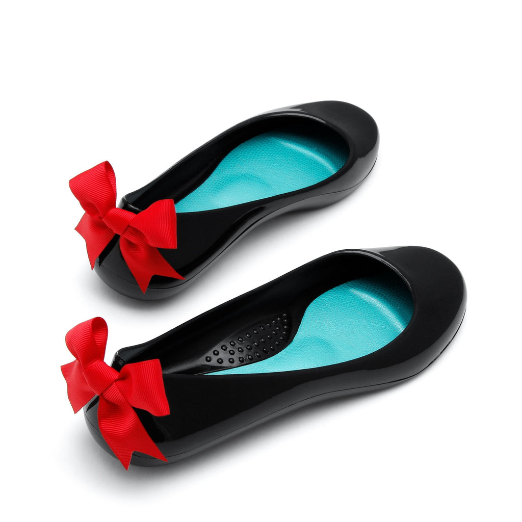 Bow Ballet Flats, Shiny Licorice Shoe - Red Bow - Oka-B