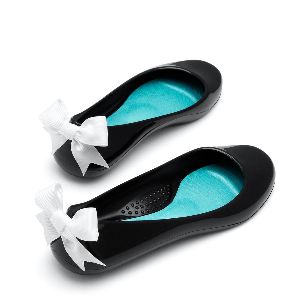 Bow Ballet Flats, Shiny Licorice Shoe - White Bow - Oka-B