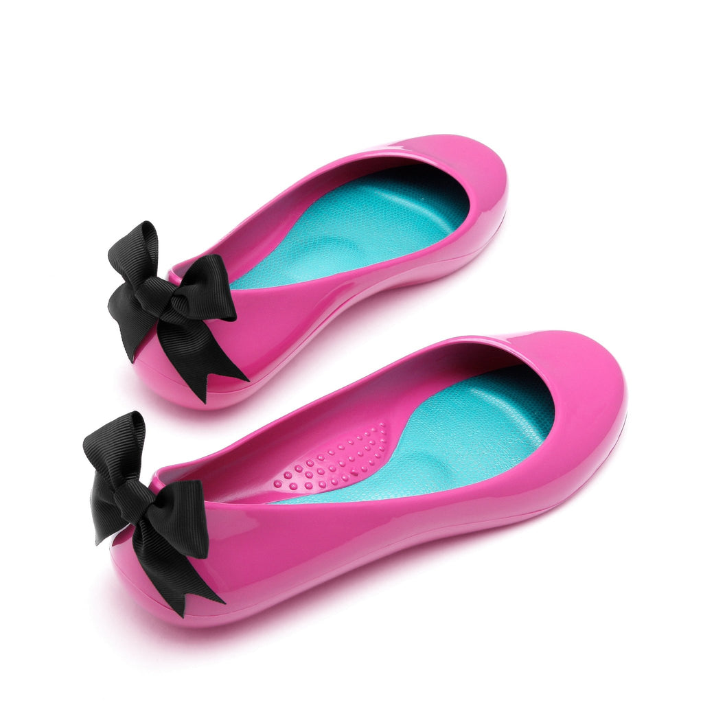Bow Ballet Flats, Shiny Sangria Shoe - Black Bow - Oka-B