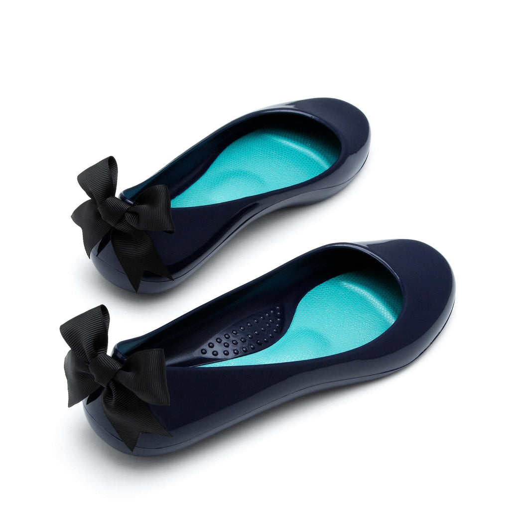 Bow Ballet Flats, Shiny Sapphire Shoe - Black Bow - Oka-B