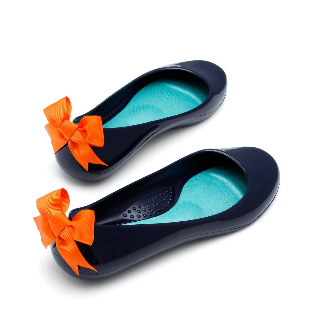 Bow Ballet Flats, Shiny Sapphire Shoe - Orange Bow - Oka-B