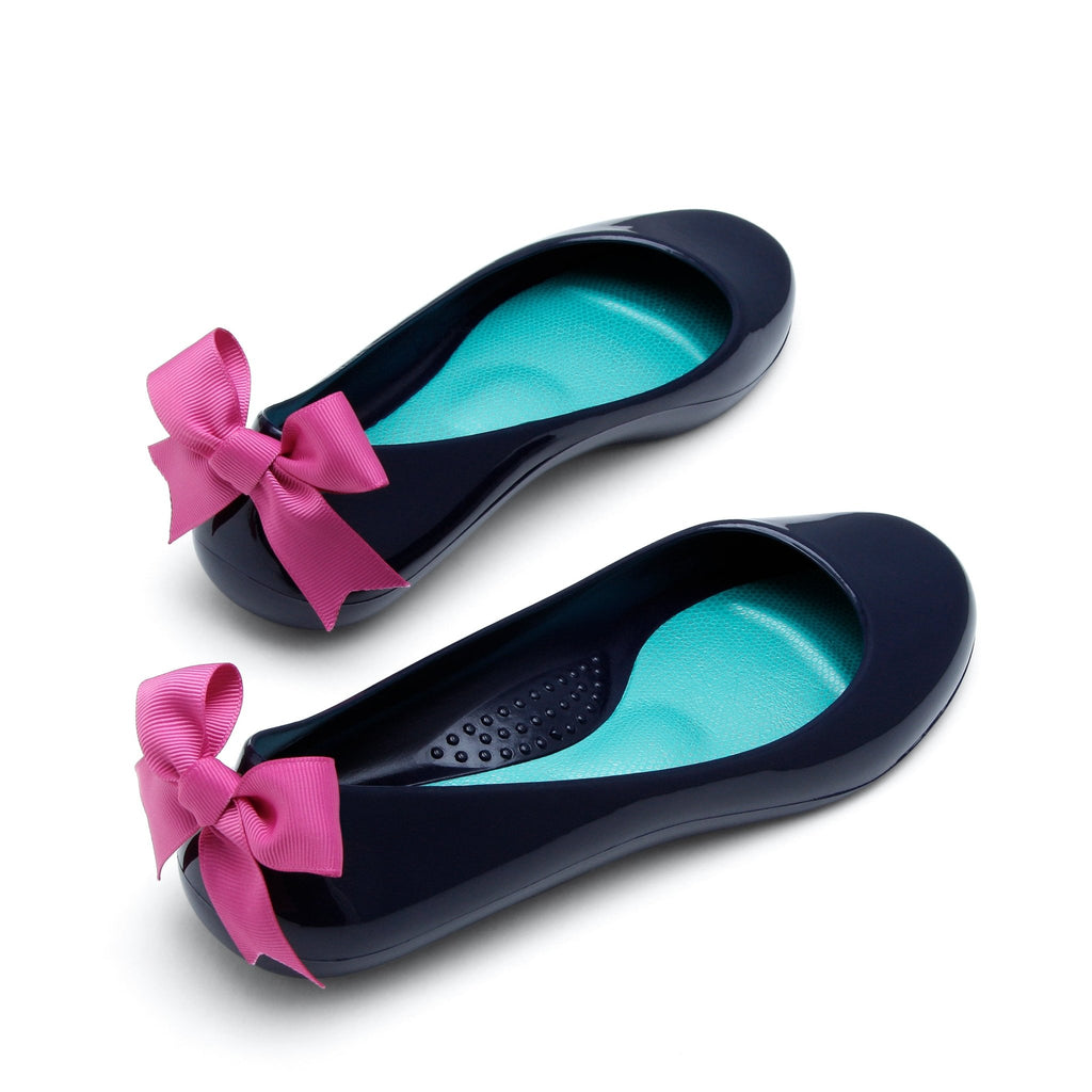 Bow Ballet Flats, Shiny Sapphire Shoe - Pink Bow - Oka-B
