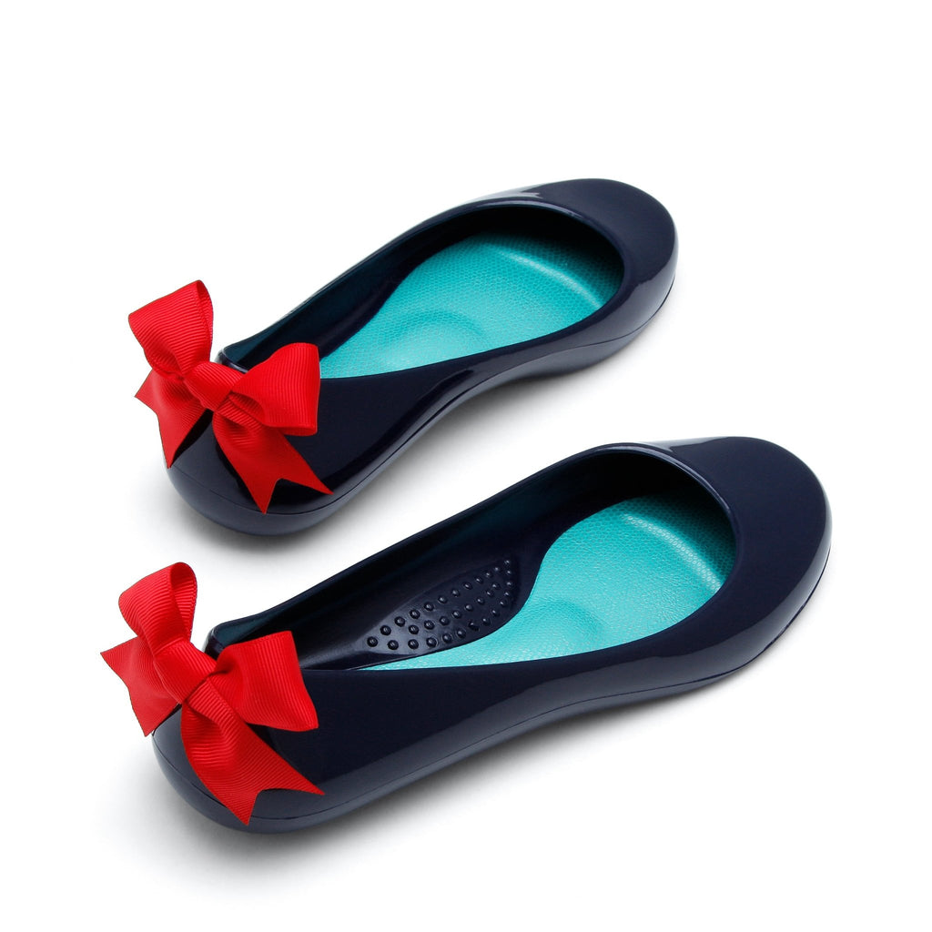 Bow Ballet Flats, Shiny Sapphire Shoe - Red Bow - Oka-B