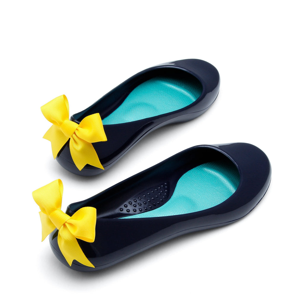 Bow Ballet Flats, Shiny Sapphire Shoe - Yellow Bow - Oka-B