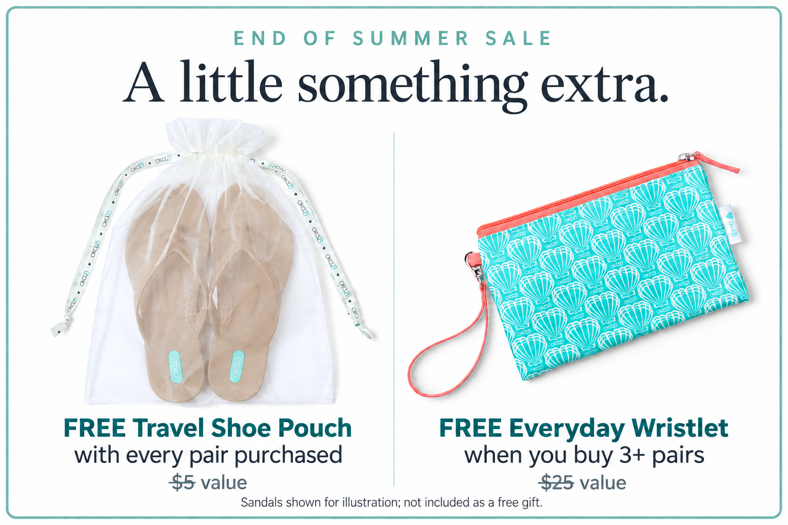 End of Summer Sale — FREE Travel Shoe Pouch with every pair ($5 value); FREE Everyday Wristlet when you buy 3+ pairs ($25 value)